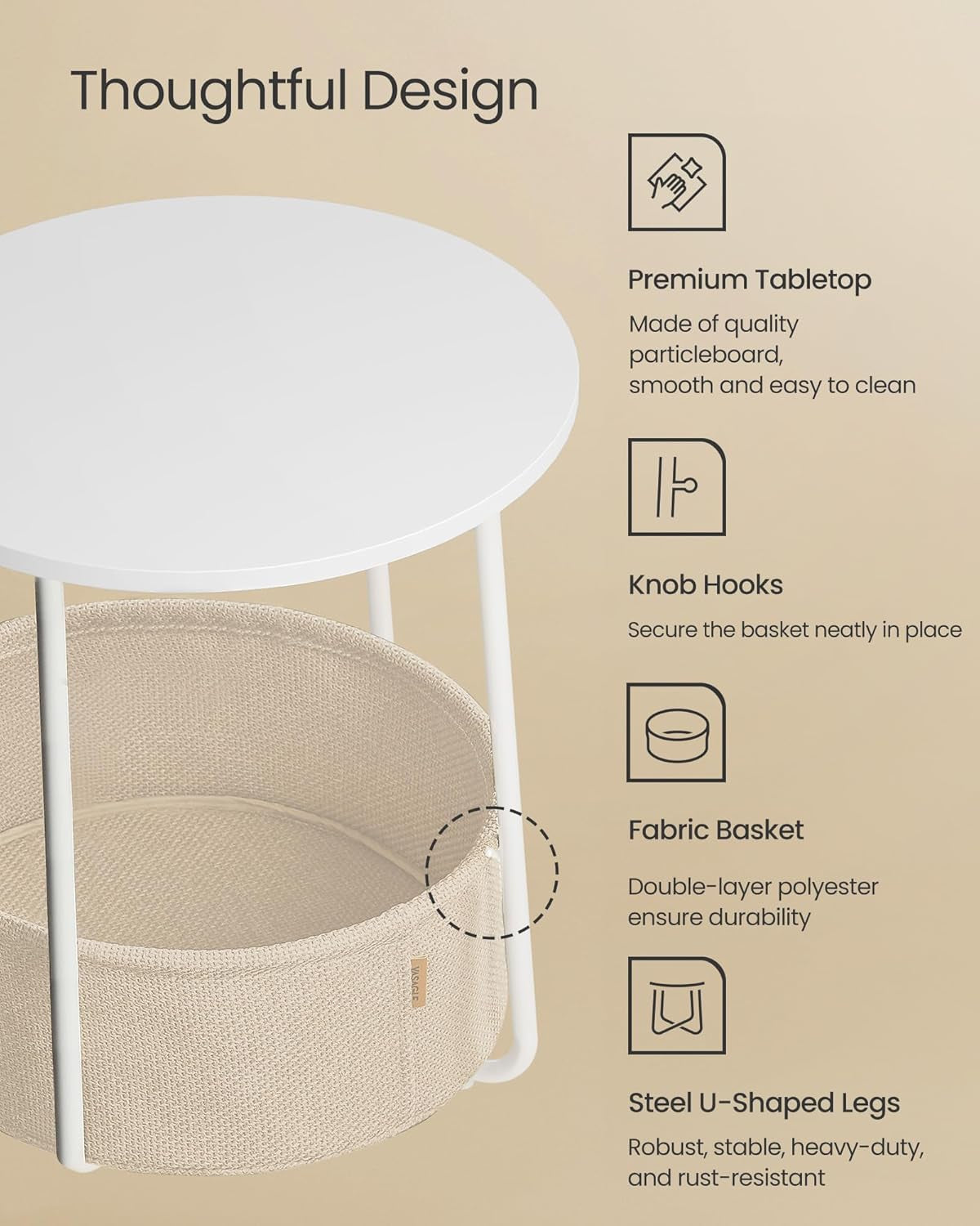 Nightstands, Set of 2 Small round Side Tables with Fabric Basket, Bedside End Tables, for Bedroom, Matte White and Camel Brown ULCT665W01
