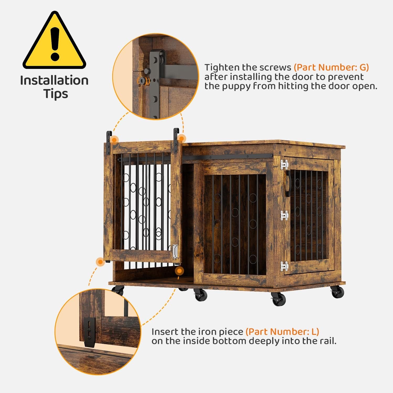 Large Dog Crate Furniture, 47" Wooden Dog Kennel with Sliding Barn Door, Flip-Top Lid & Wheels, Indoor Pet Crate Table with Detachable Divider for Small/Medium/Large Dogs (Rustic Brown)