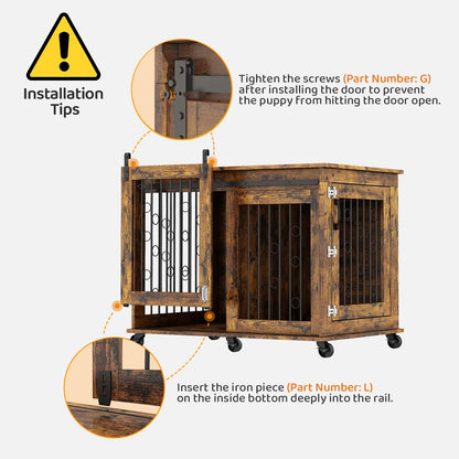 Large Dog Crate Furniture, 47" Wooden Dog Kennel with Sliding Barn Door, Flip-Top Lid & Wheels, Indoor Pet Crate Table with Detachable Divider for Small/Medium/Large Dogs (Rustic Grey)