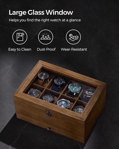 8-Slot Watch Box, 2-Tier Watch Display Case with Large Glass Lid, Removable Watch Pillows, Velvet Lining, Jewelry Box, Gift Idea, Rustic Walnut UJOW008K01