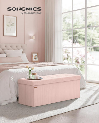 MAZIE Collection - Storage Ottoman Bench, Foldable Foot Rest, 15 X 43 X 15 Inches, End of Bed Bench, Storage Chest, Load 660 Lb, Living Room, Bedroom, Entryway, Jelly Pink ULSF604R01
