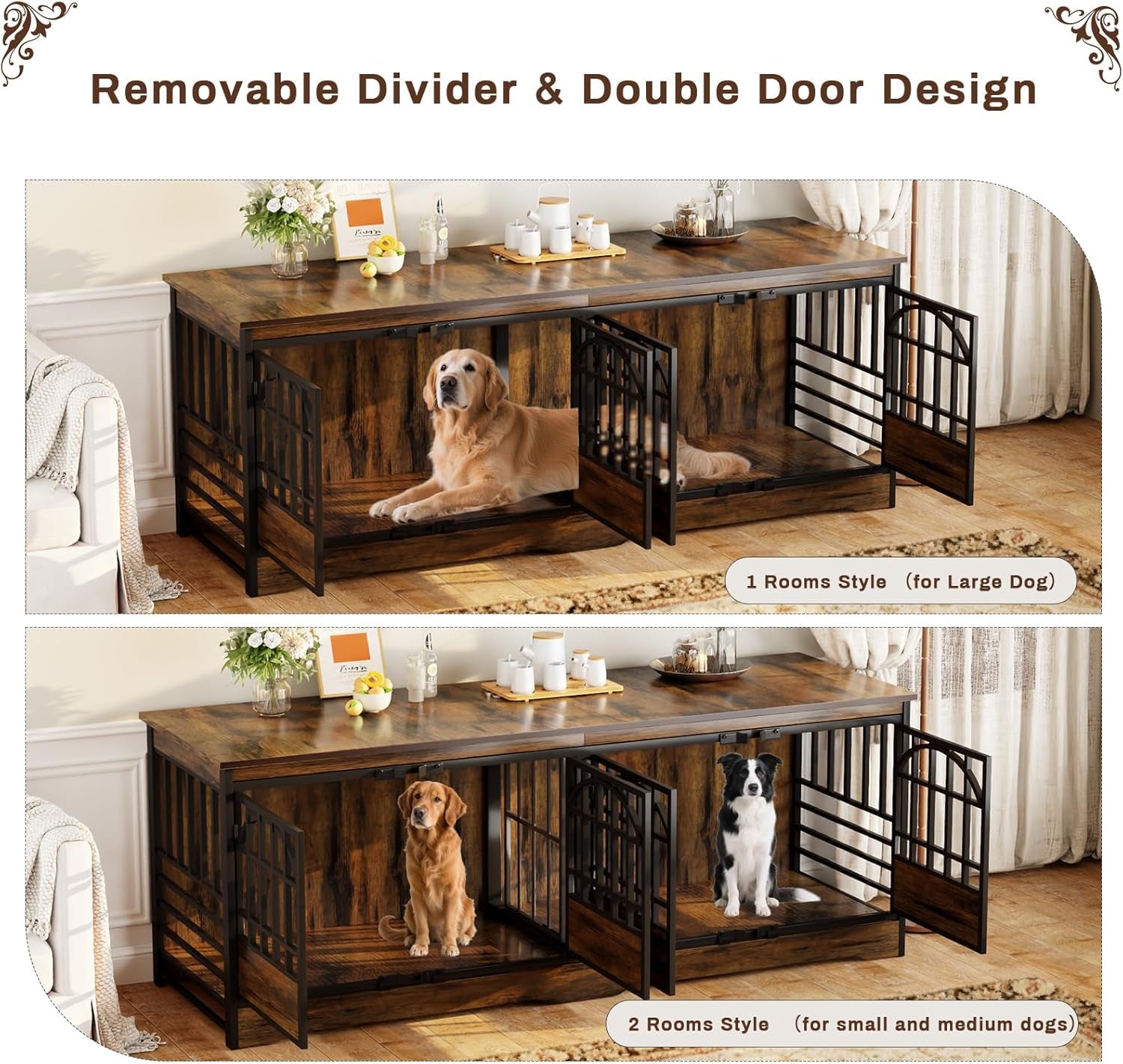 86 Inch Double Dog Crate Furniture for 2 Large Dogs, Decorative Dog Kennel Indoor TV Stand, Heavy Duty Wooden Dog Cage for Large Medium Dogs Sized Dog Pet House with Divider (White)