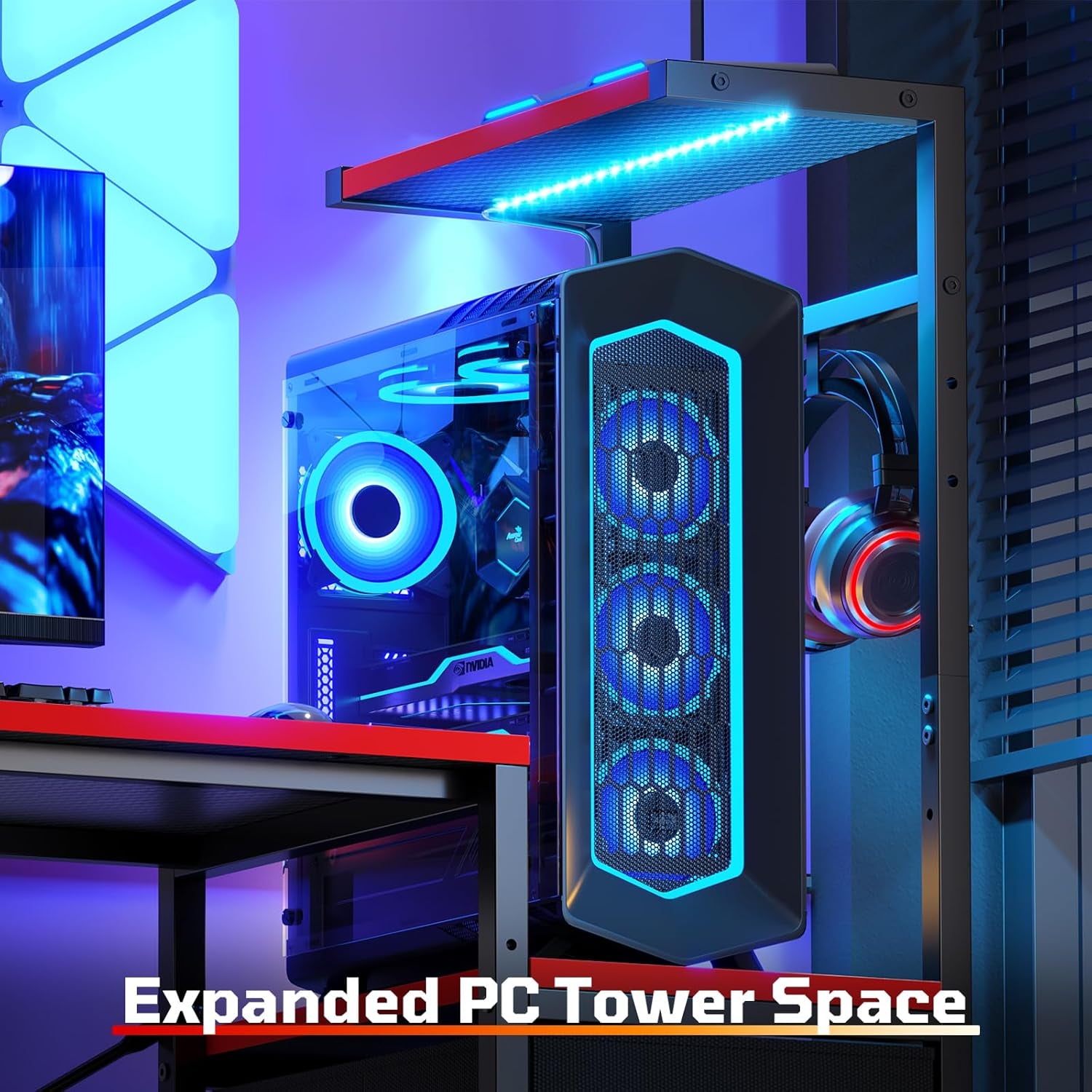 Gaming Desk with Drawer, 44 Inch Small Computer Desk with PC Shelf, Gaming Table with LED Lights for Small Spaces, Reversible Gamer Desk with Storage Bag & Side Hook, Black-Red