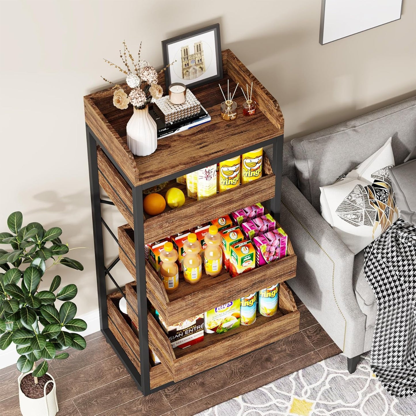 Wood Fruit and Vegetable Storage Rack, 5-Tier Pull-Out Snack Stand Fruit Basket Stand, Utility Shelf Organizer for Kitchen, Living Room, Bedroom, Rustic Brown