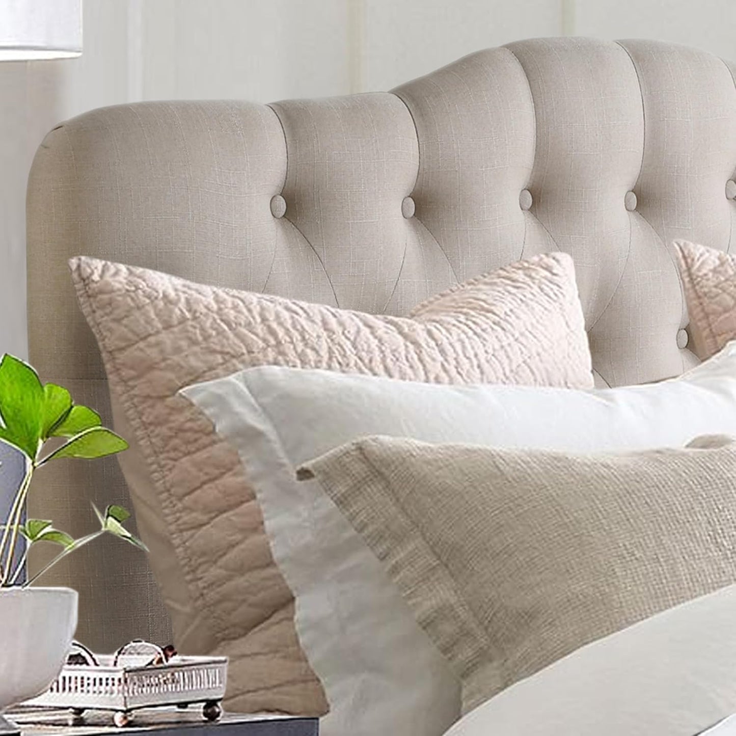 Givanna Adjustable Height Headboard with Linen Upholstery and Button Tufting for Bedroom, Queen, Beige Linen