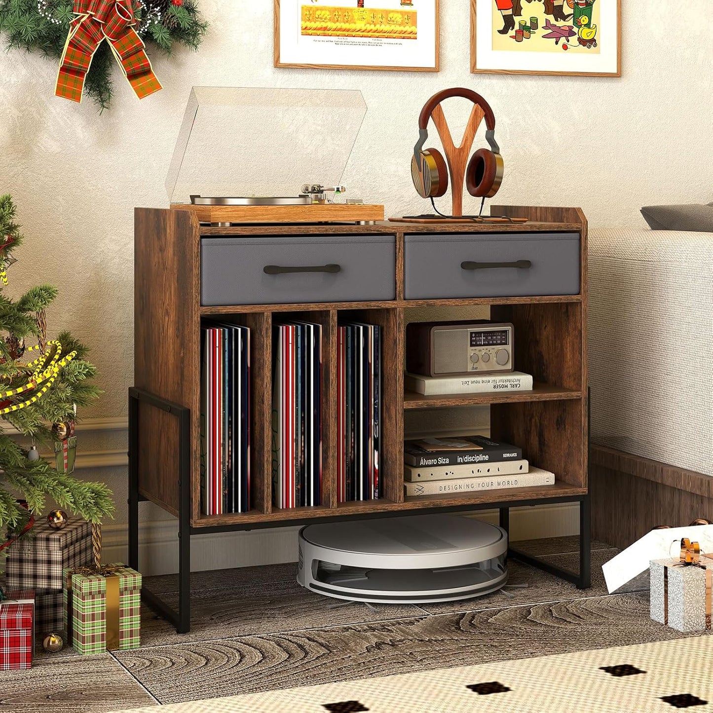 Large Record Player Stand with Charging Station, Modern Turntable Stand W/2 Fabric Drawers & Adjustable Shelf, Record Player Table, Vinyl Record Storage for Living Room (Rustic Brown)