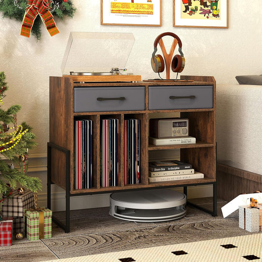 Large Record Player Stand with Charging Station, Modern Turntable Stand W/2 Fabric Drawers & Adjustable Shelf, Record Player Table, Vinyl Record Storage for Living Room (Rustic Brown)