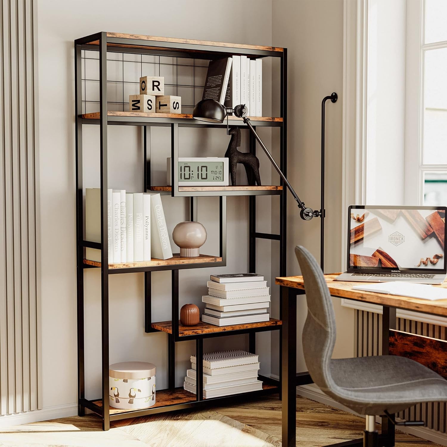 Bookshelves 6 Tiers, Industrial Etagere Heavy Duty Shelves for Living Rooom, Office Storage Geomeric Display Boocase, Vintage Brown