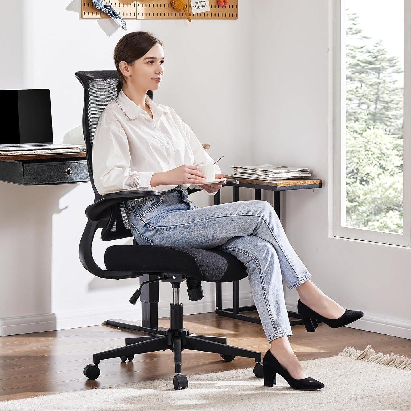 Ergonomic Office Desk Computer Chair, Comfy High Back Swivel Rolling Home Mesh Gaming Chairs with Wheels, Lumbar Support, Flip-Up Arms,For Bedroom, Study, Work, Classic Black