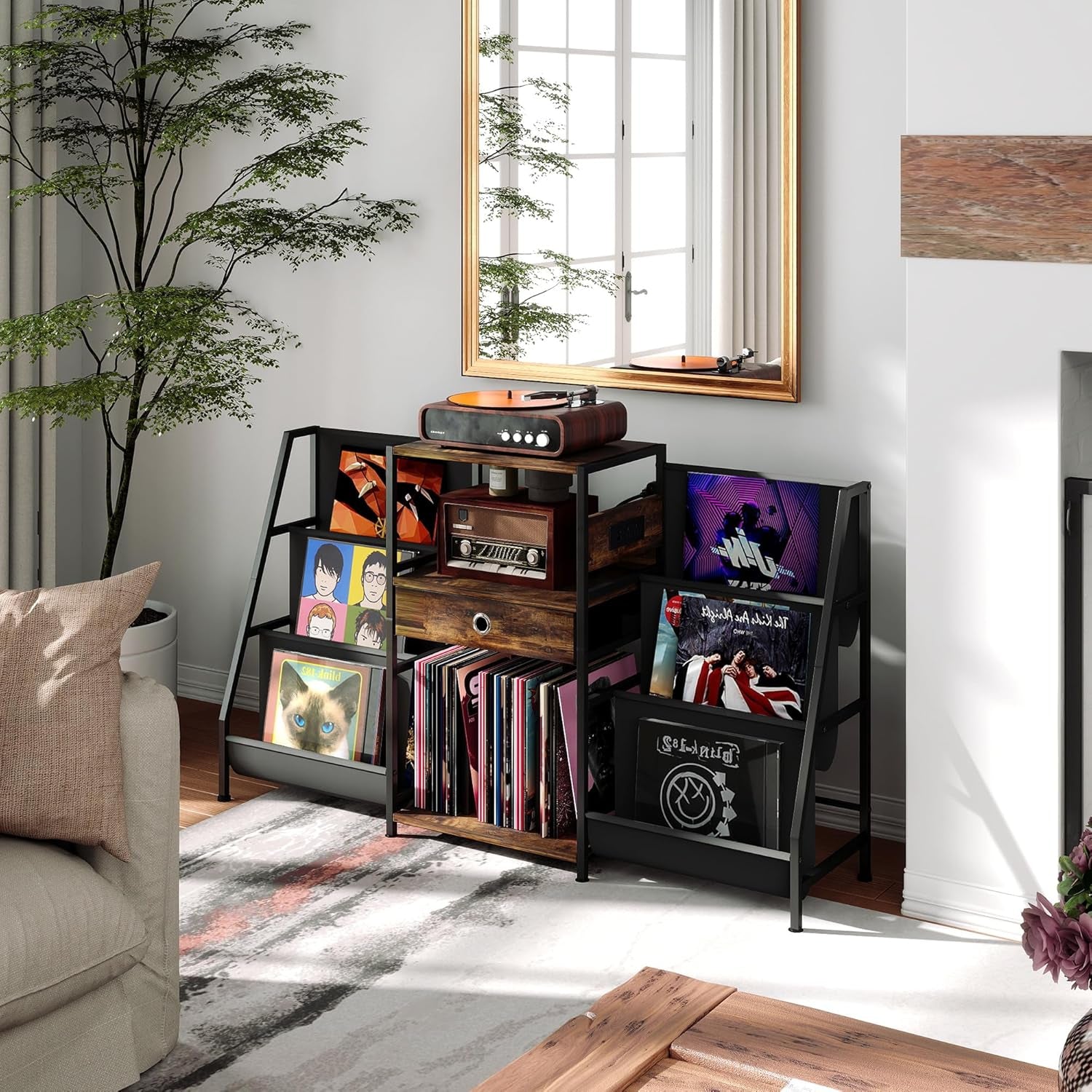 Record Player Stand, Turntable Stand W/Drawer, Oxford Cloth Vinyl Storage, 8 Adjustable Foot Pads for Stability, Record Player Table End Table for Living Room Bedroom Stereo