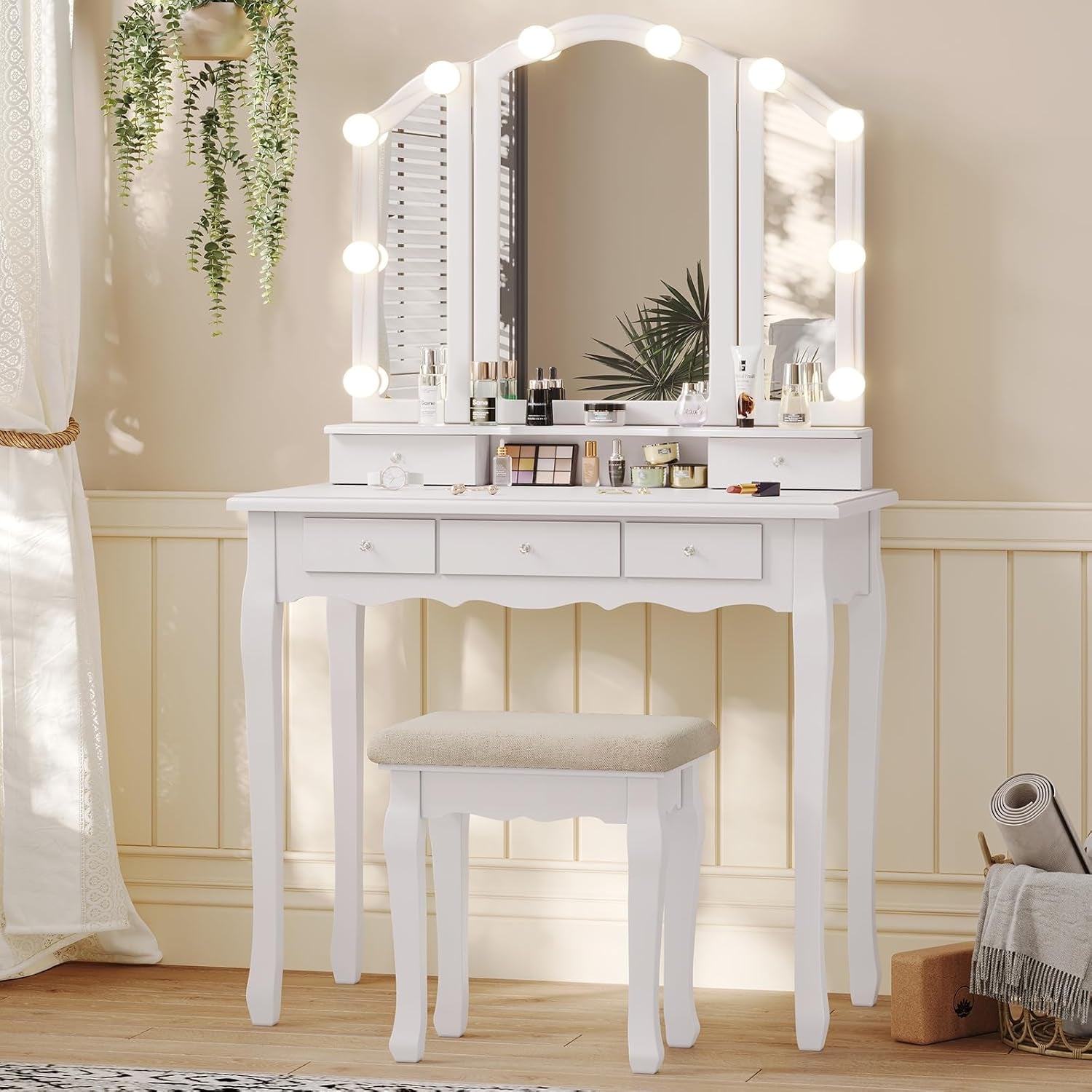 Vanity Table Set with Lighted Tri-Folding Mirror, Makeup Vanity with Lights & 3 Color Lighting Modes, Vanity Desk with Mirror and Cushioned Stool, Makeup Table with 5 Drawers, White