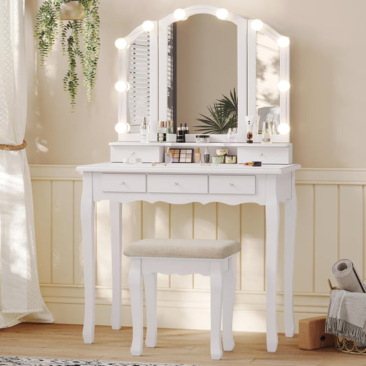 Vanity Table Set with Lighted Tri-Folding Mirror, Makeup Vanity with Lights & 3 Color Lighting Modes, Vanity Desk with Mirror and Cushioned Stool, Makeup Table with 5 Drawers, White