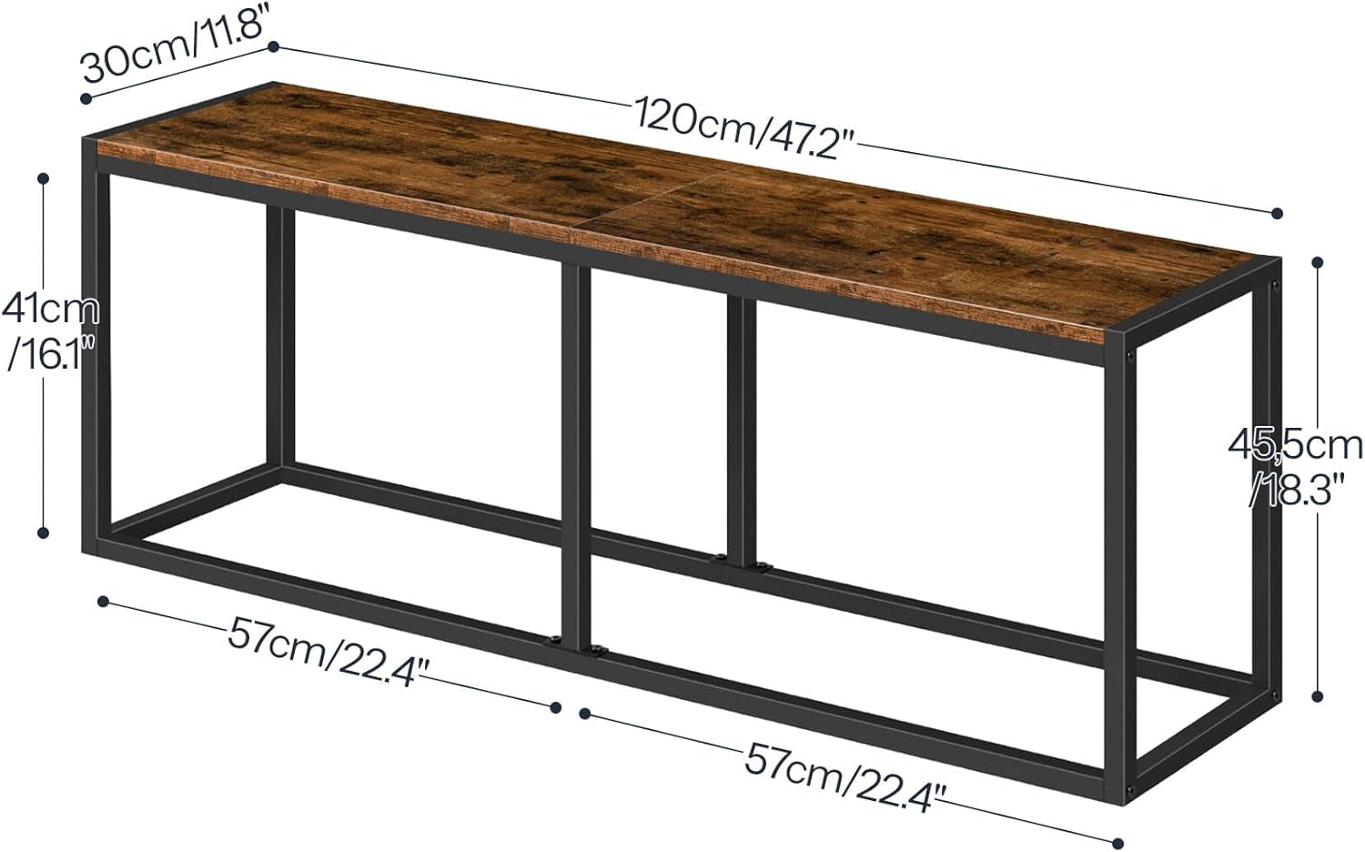 Dining Bench, 47.2 Inch Dining Table Bench, Industrial Style Kitchen Bench, Steel Frame, Easy to Assemble, for Kitchen, Dining Room, Rustic Brown and Black BF12CD01