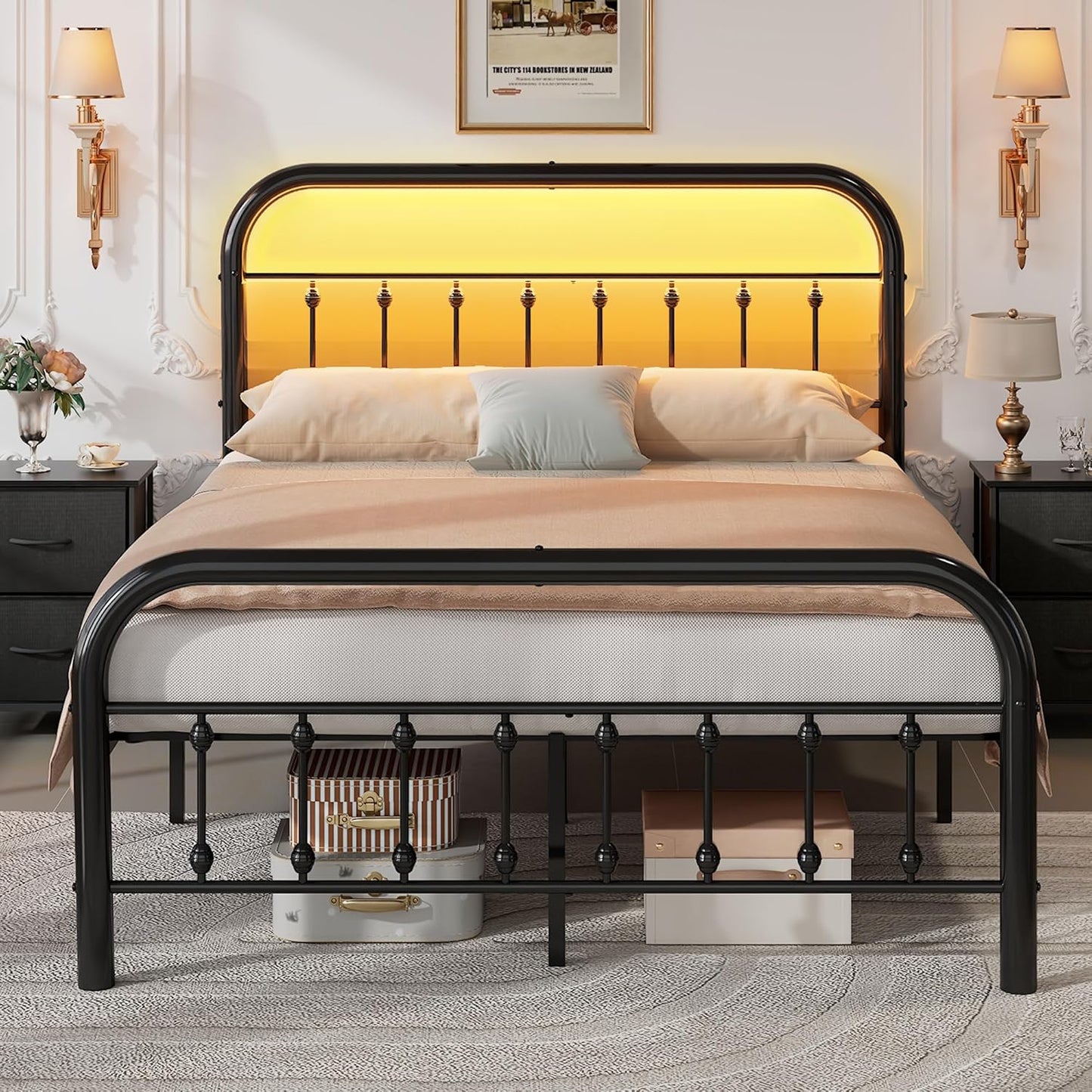 Full Size Bed Frame, Full Bed Frames with LED Lights and Charging Station, Metal Bed Frame with Headboard,No Box Spring Required,Easy Assembly, Black
