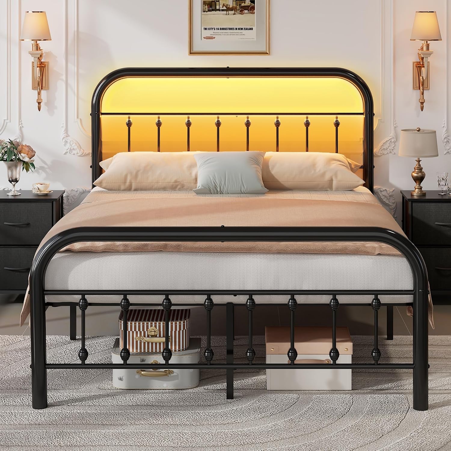 Full Size Bed Frame, Full Bed Frames with LED Lights and Charging Station, Metal Bed Frame with Headboard,No Box Spring Required,Easy Assembly, Black