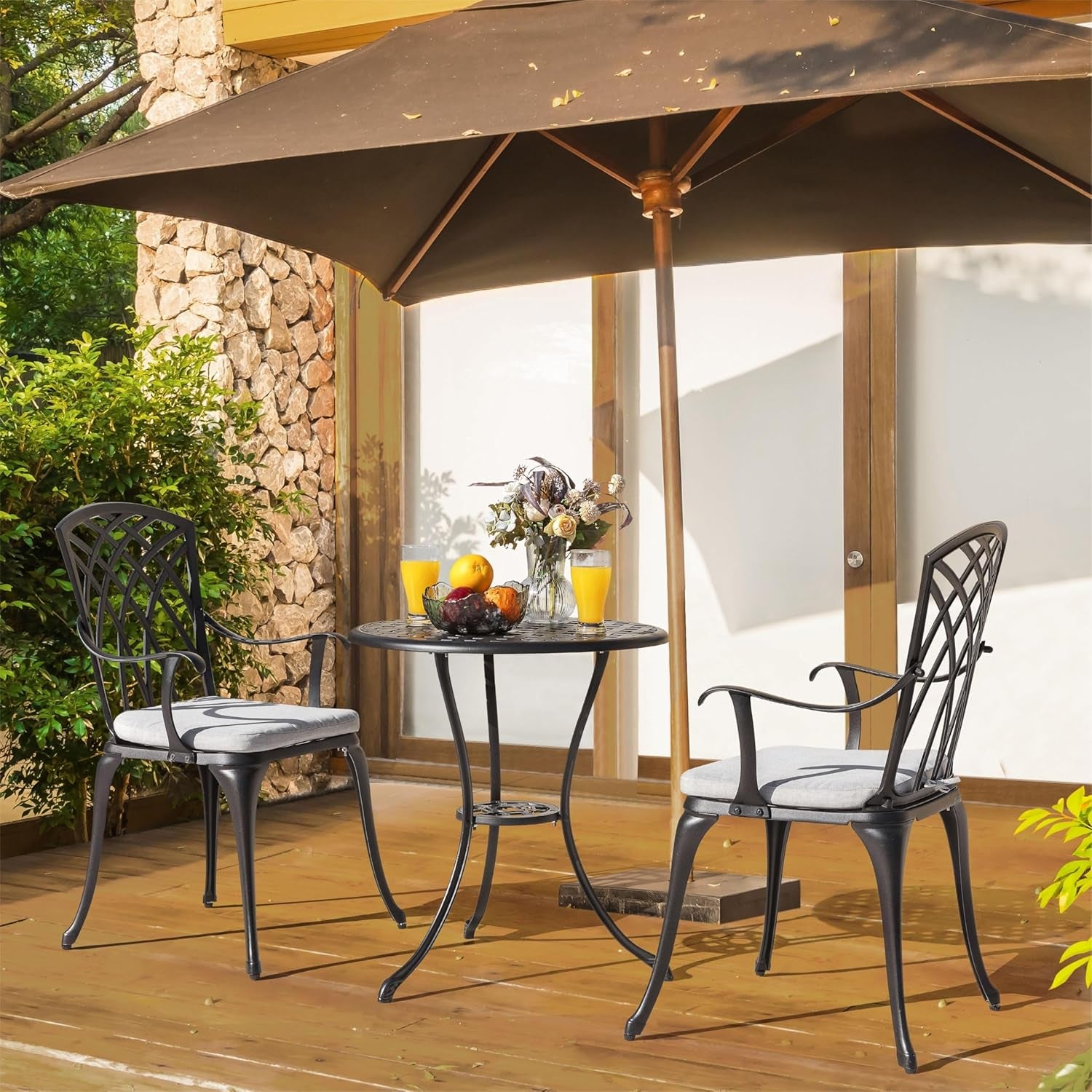 Bistro Set 3 Piece Outdoor Cast Aluminum Patio Bistro Set Patio Table and Chairs Set of 2 with Umbrella Hole and Gray Cushions, Black