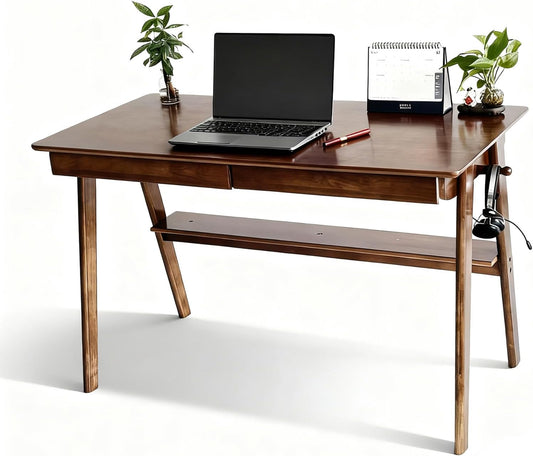 Mid-Century Modern 100% Solid Wood Writing Desk, 39" Rubberwood Home Office Computer Table & Workstation Desk with 2 Drawers, Lower Shelf & Side Hooks, 350 Lbs Load, Laptop Desk