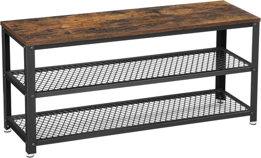 , 3-Tier Shoe Rack, Shelf Storage Bench with Metal Mesh Shelves and Seat, Free Standing Shoe Organizer for Entryway, 11.8 X 39.4 X 17.7 Inches, Rustic Brown and Black ULBS078B01