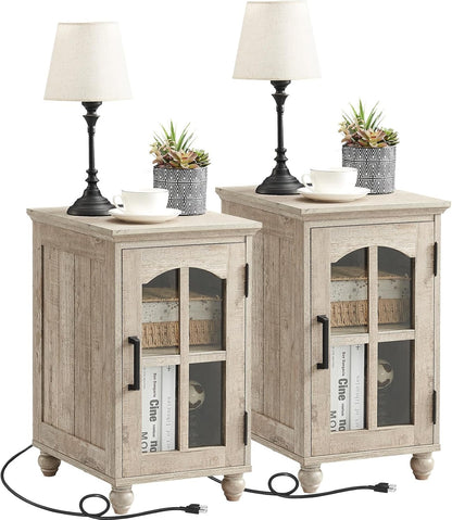 Narrow Side Table Set of 2,Farmhouse Nightstand with Charging Station,End Table with Glass Barn Door Storage, Cabinet Organizer with Adjustable Shelf, Night Stand for Small Spaces Living Room Bedroom