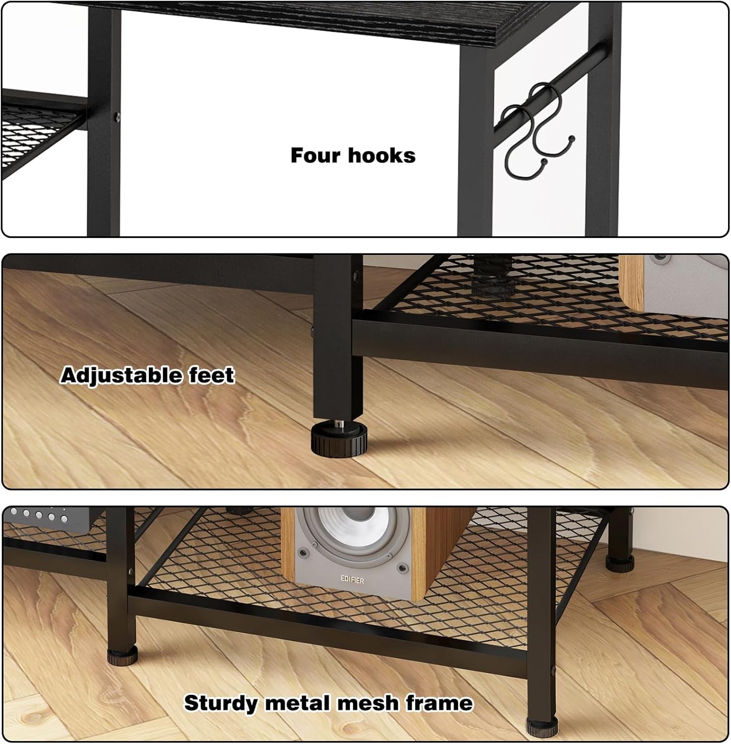 Black TV Stand Entertainment Center for 55 Inch Tvs, with Charging Station and Lights Open Storage Shelves, TV Media Console, Open Storage Shelf with Sound Rack for Living Room, Bedroom