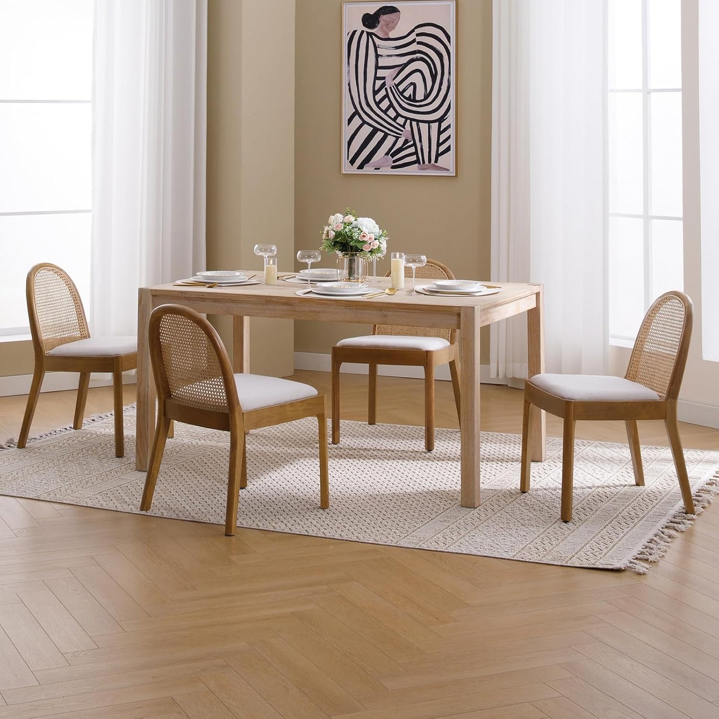 Mid-Century Modern Rattan Dining Chairs Set of 2, Wooden Dining Room Chair with Cane Backrest and Padded Seat, Linen Upholstered Dining Chair, Natural Finish, Beige
