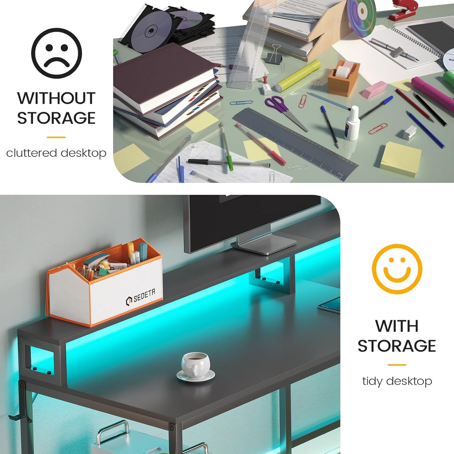L Shaped Gaming Desk, 66" Home Office Desk with Wood File Drawer & Power Outlet, Corner Gaming Computer Desk with Led Lights, Monitor Shelf and Printer Storage Shelves, Two Person Desk, Black