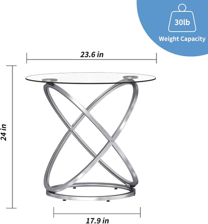 Glass round End Table, Modern Contemporary Side Table for Small Space with Tempered Glass Tabletop for Living Room, Chrome Finish