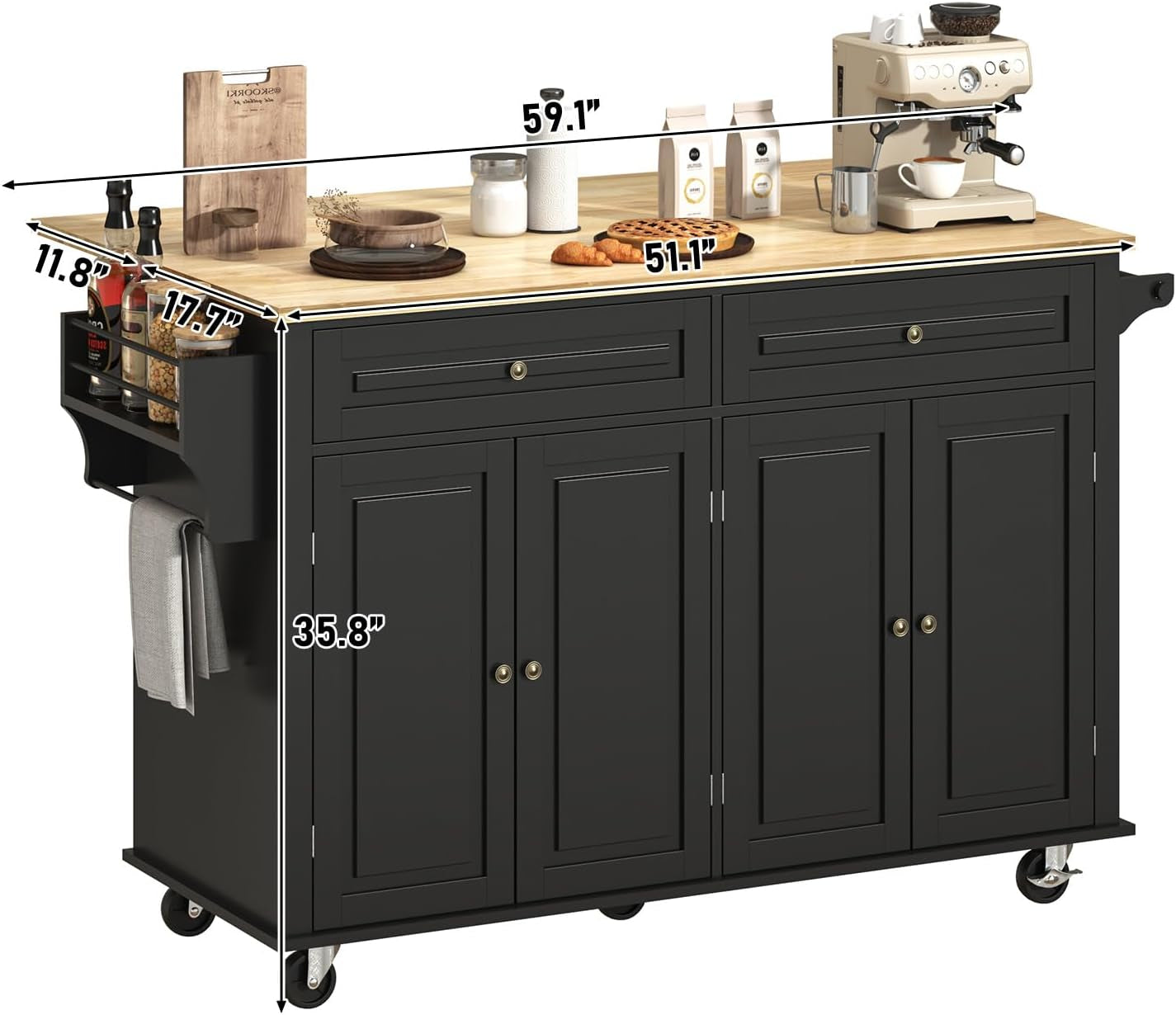 59" W Rolling Kitchen Island with Drop Leaf, Movable Kitchen Carts on Wheels Island with Storage Cabinet&Charging Station, Island Table for Kitchen W/Rubber Wood Top, Rack, Hook, Drawers, Black