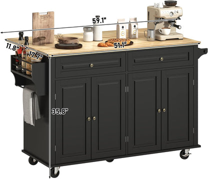 59" W Rolling Kitchen Island with Drop Leaf, Movable Kitchen Carts on Wheels Island with Storage Cabinet&Charging Station, Island Table for Kitchen W/Rubber Wood Top, Rack, Hook, Drawers, Black