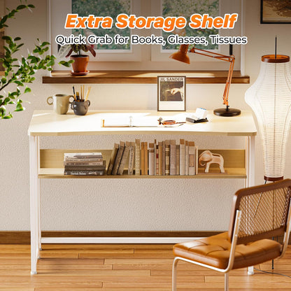 Folding Desk with Storage Shelf, 39.3 Inch Foldable Computer Table for Small Spaces, Space Saving Sofa Table for Couch, Writing Work Office Computer Desk, Easy to Fold, Oak