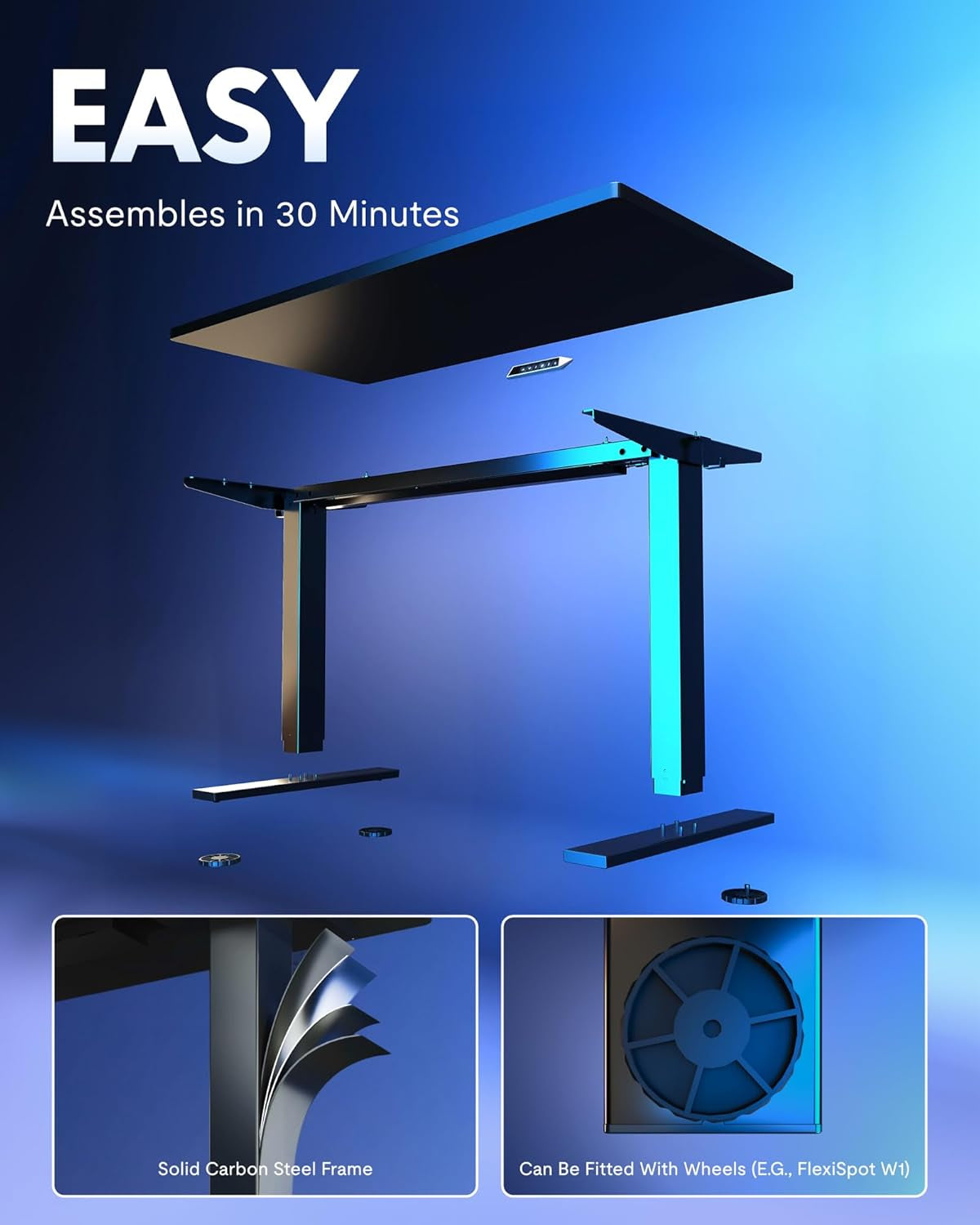 EN1 One-Piece Standing Desk, 48"X24" Seamless Desktop Electric Height Adjustable for Home Office, Study Rooms & Multi-Device Workstations, Black
