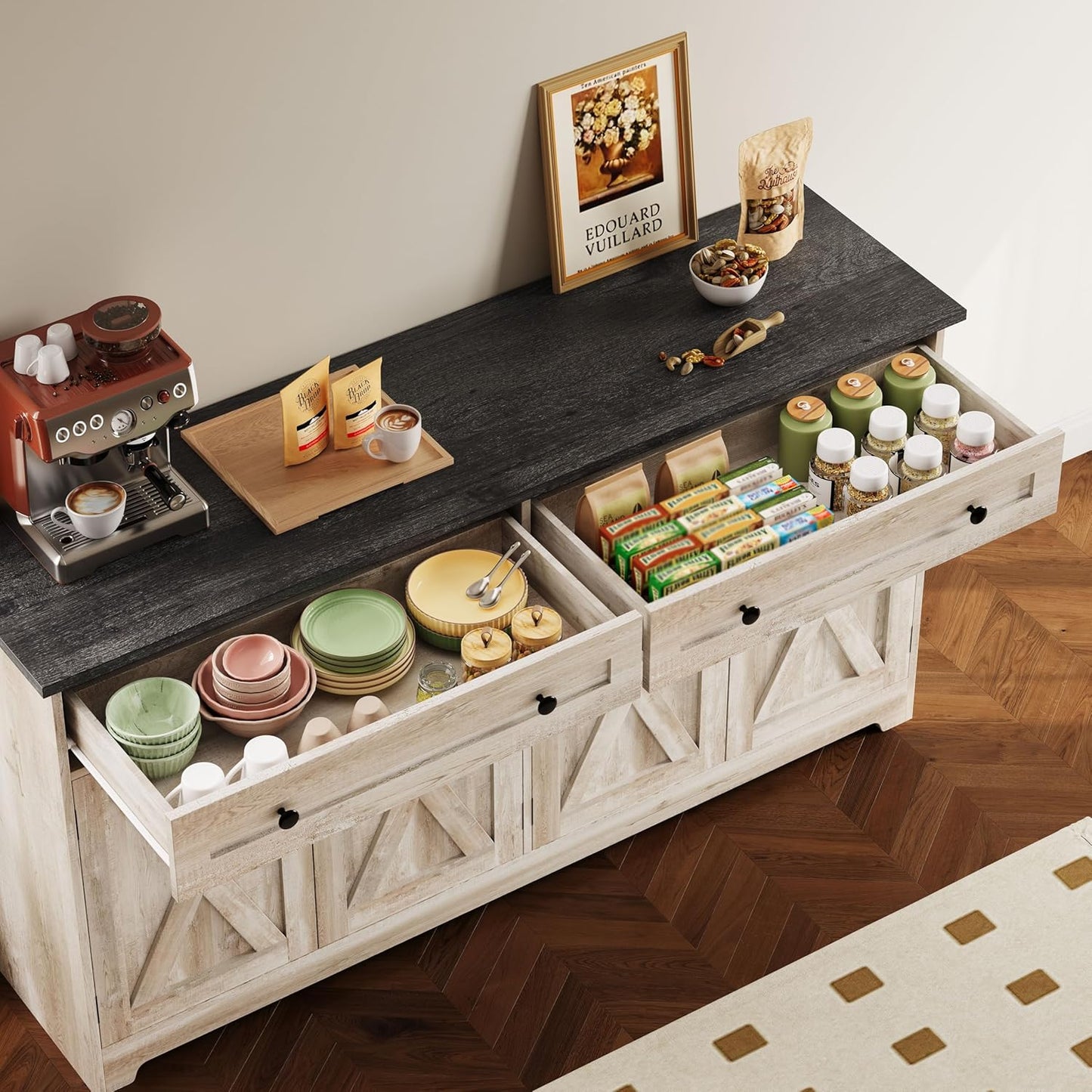 Buffet Cabinet with Storage, Sideboard Storage Cabinet, Kitchen Cabinet with Drawers and Doors, Charcoal Grey and Beige Maple