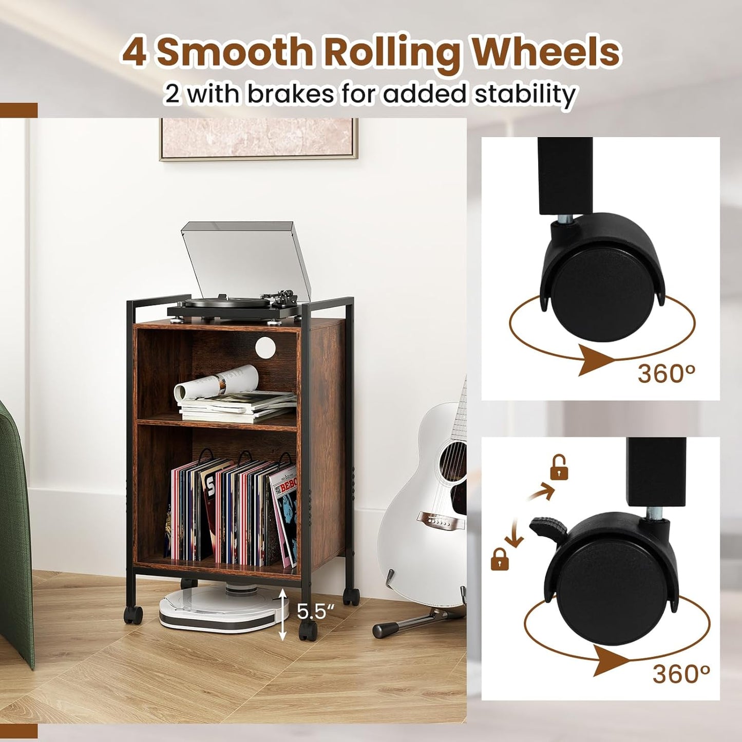 Record Player Stand with Charging Station, Mobile Turntable Stand with Record Storage & 4 Rolling Wheels, 3-Tier Vinyl Record Storage W/ Open Shelves & Dividers for Living Room, Rustic Brown
