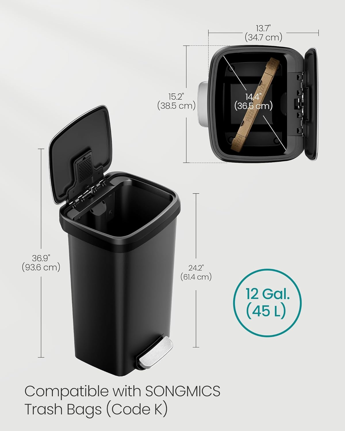 Plastic Kitchen Trash Can, 12-Gallon (45 L) Garbage Can with Stainless Steel Lid, Soft Close, Pedal Waste Bin with Wheels and Rear Handle, Ink Black ULTB533B01
