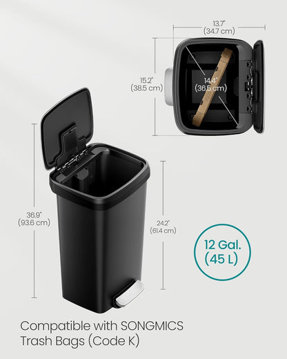 Plastic Kitchen Trash Can, 12-Gallon (45 L) Garbage Can with Stainless Steel Lid, Soft Close, Pedal Waste Bin with Wheels and Rear Handle, Ink Black ULTB533B01