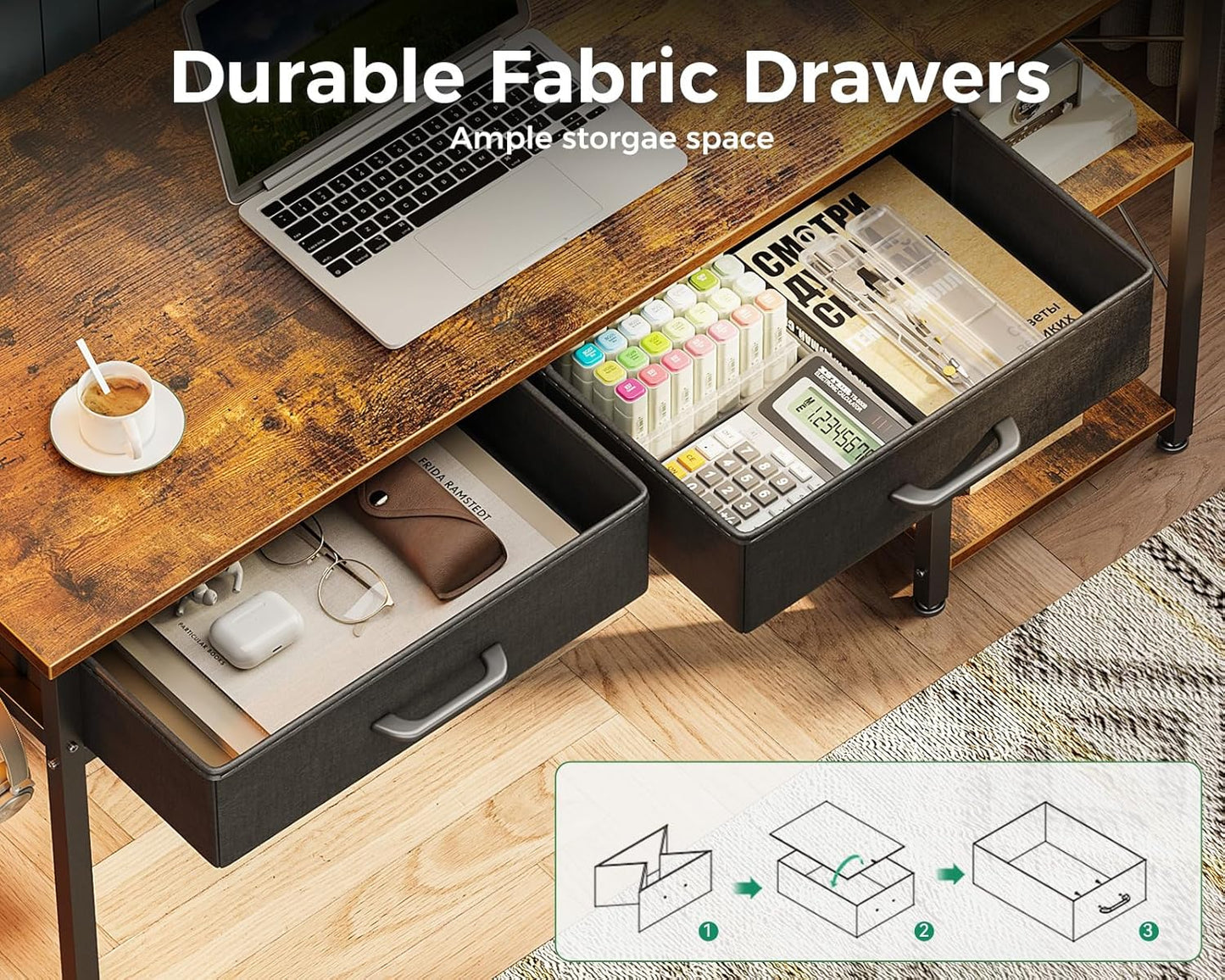 Small Computer Desk with Drawers, 40 Inch Reversible Home Office Desk with Power Outlet, Study Laptop Vanity Table with Storage Shelves for Bedroom Small Space, Rustic Brown