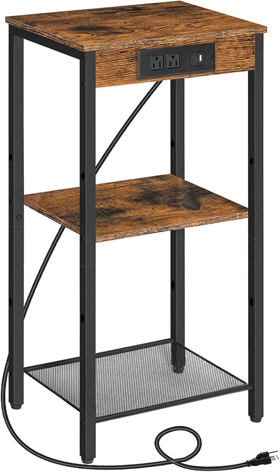 Tall End Table with Charging Station, 30 Inch Tall Nightstand, 3-Tier Small Side Table with Adjustable Shelf, for Living Room, Bedroom, Entryway, Rustic Brown BF09UDH01G1