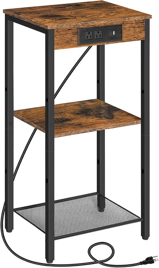Tall End Table with Charging Station, 30 Inch Tall Nightstand, 3-Tier Small Side Table with Adjustable Shelf, for Living Room, Bedroom, Entryway, Rustic Brown BF09UDH01G1
