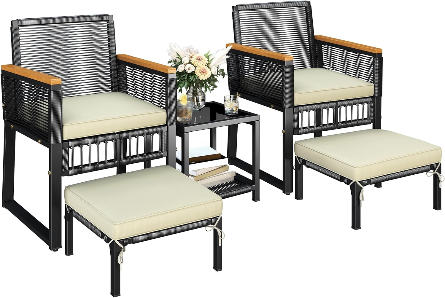 5-Piece Outdoor Conversation Set, Wicker Rattan Patio Furniture Set W/Rattan Armchairs, 2-Layer Side Table, Ottomans, Acacia Wood Armrests & Metal Frame for Backyard, Porch, Balcony