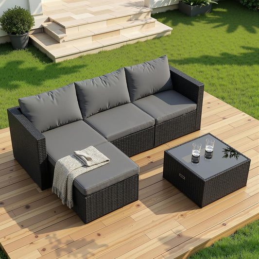 4 Pieces Patio Furniture Sets, Outdoor Sofa Patio Sectional Sets All Weather, 2-In-1 Wicker Rattan Seating Sofa Couch with Cushions & Coffee Table for Yard, Garden, Porch, Poolside (Gray)