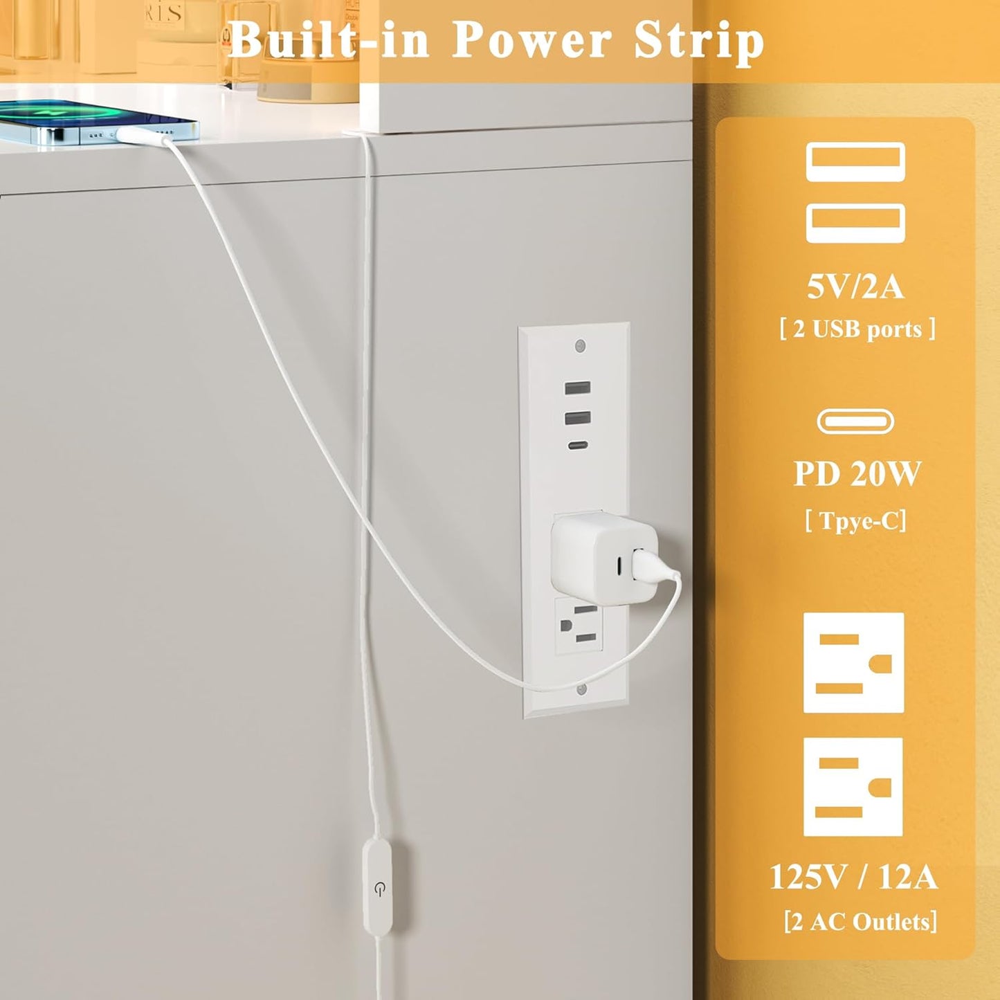 Vanity Desk with Mirror and Lights, 50" Makeup Vanity with Glass Top & Power Outlet, White Vanity with 11 Drawers & 8 Hidden Storage Shelves, 3 LED Lighting Modes Adjustable for Bedroom