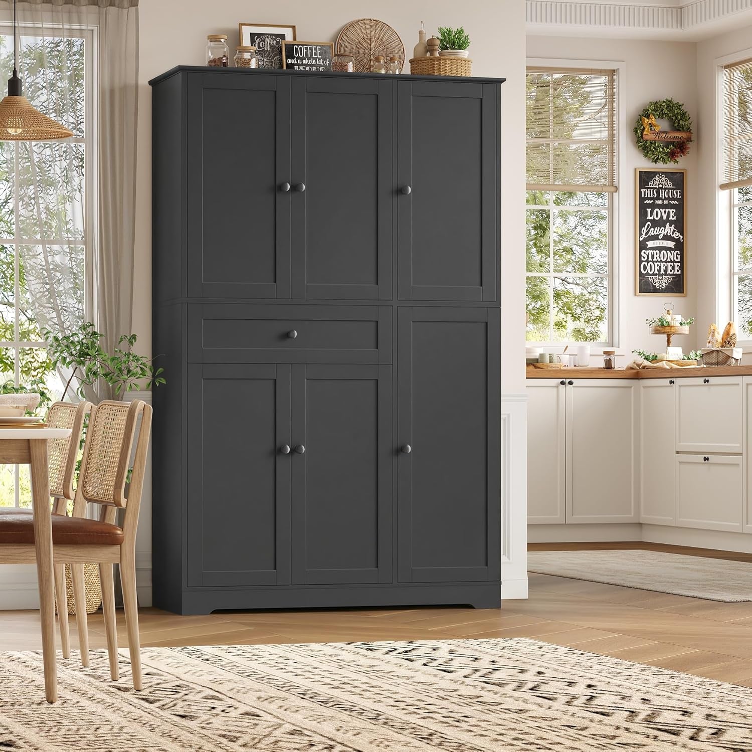 68" Tall Kitchen Pantry Storage Cabinet, Modern Kitchen Hutch Cabinet with Doors and Shelves, Freestanding Food Pantry with Large Storage Drawer for Dining Room, Living Room, Black