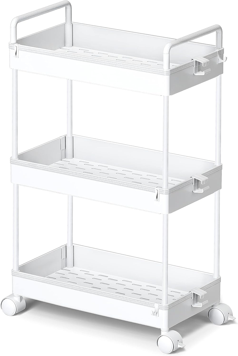 3 Tier Slim Rolling Storage Cart with Wheels Plastic Utility Cart Organizer for Snack Craft Art Postpartum Baby Diaper Nail Makeup in Bathroom Laundry Room Kitchen Bedside Narrow Space, White