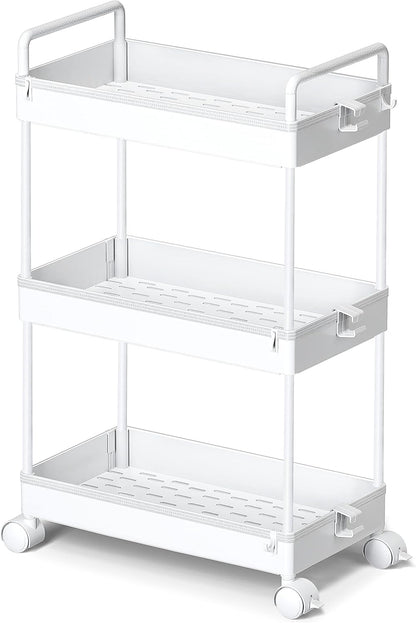 3 Tier Slim Rolling Storage Cart with Wheels Plastic Utility Cart Organizer for Snack Craft Art Postpartum Baby Diaper Nail Makeup in Bathroom Laundry Room Kitchen Bedside Narrow Space, White