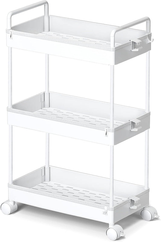3 Tier Slim Rolling Storage Cart with Wheels Plastic Utility Cart Organizer for Snack Craft Art Postpartum Baby Diaper Nail Makeup in Bathroom Laundry Room Kitchen Bedside Narrow Space, White