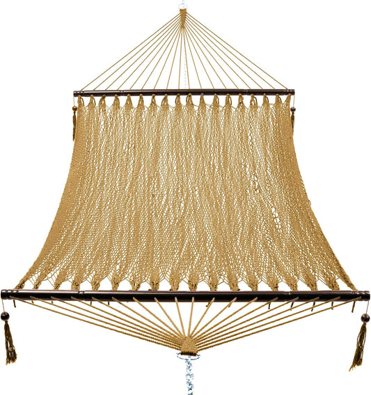 2 Person Caribbean Rope Hammocks for Outside, 12Ft Handwoven Polyester Double Hammock with Spreader Bar for Outdoor Indoor, Max 600 Lbs Capacity (Tan)