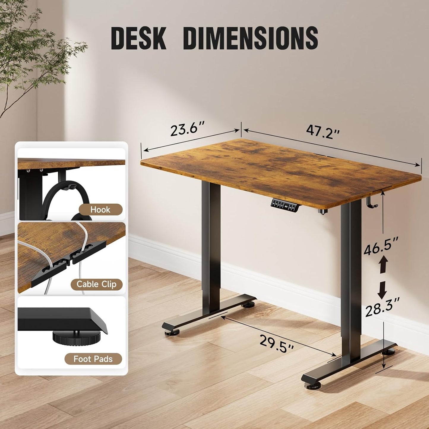 47.2" Standing Desk, Adjustable Height Office Desk with Wood Desktop, Computer Table for Home Work, Study and Gaming, Small Spaces, Modern Furniture，Brown