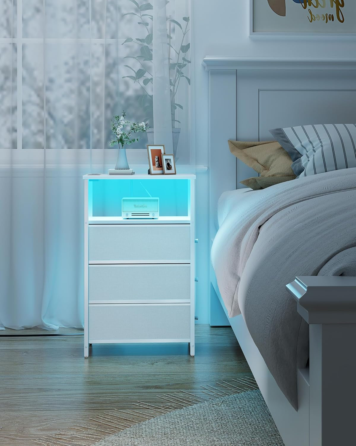 Narrow LED Night Stand with Charging Station, Slim End Table with Plugins, Tall Side Table with 3 Fabric Drawer, Small Bedside Table with Storage, for Living Room, White TB01BW086L