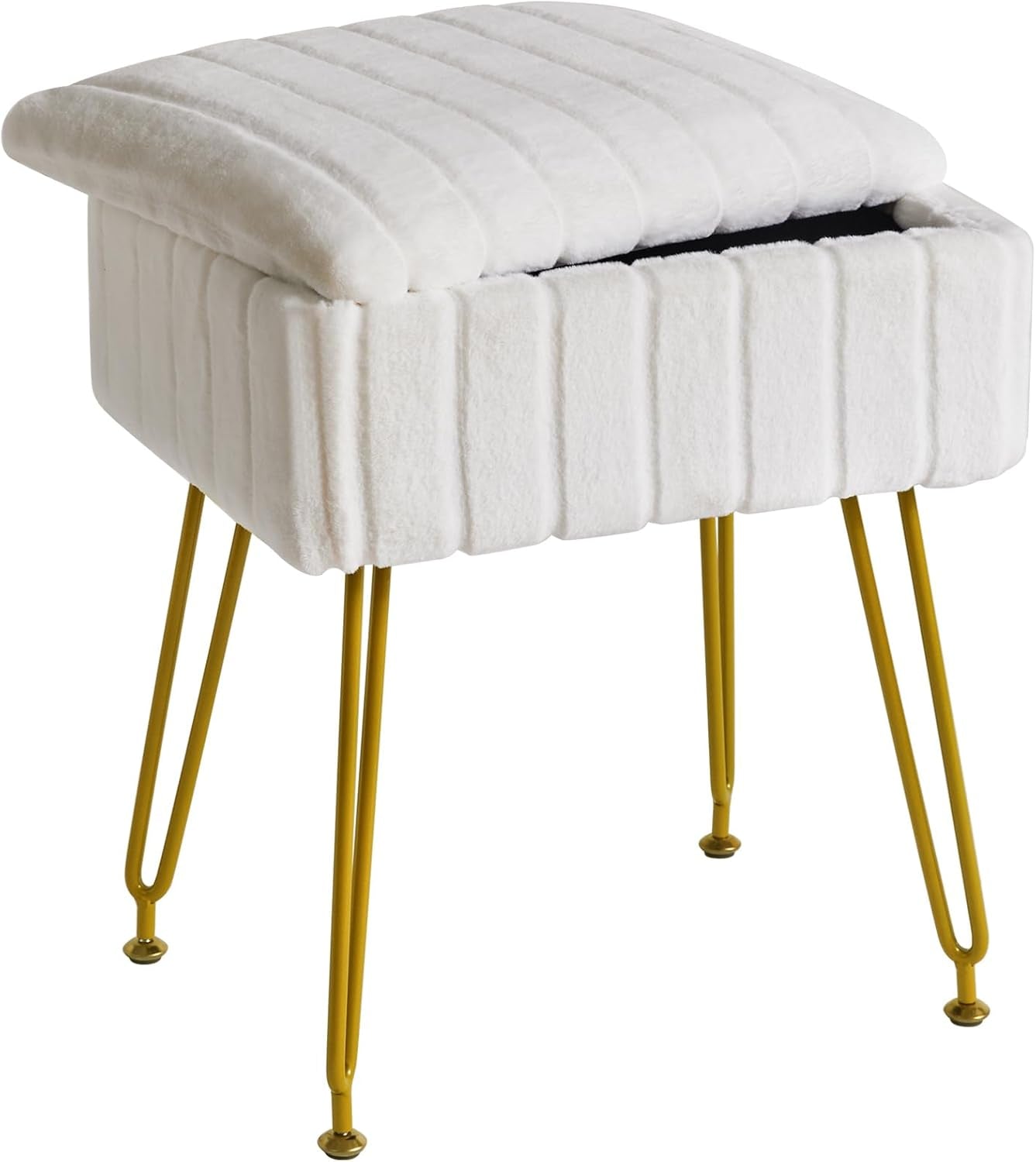 Stool Chair with Storage Space, Footrest Footstool Ottoman, Small Side Table, with 4 Metal Legs, with Anti-Slip Feet, for Makeup Room, Bedroom, White, Faux Fur LG-50W
