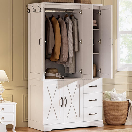 Wardrobe Closet with 5 Cabinet Doors and 3 Drawers, Large-Capacity Deep Armoire for Bedroom with 3 Side Hooks, Hanging Rod and anti - Tip Kit, White